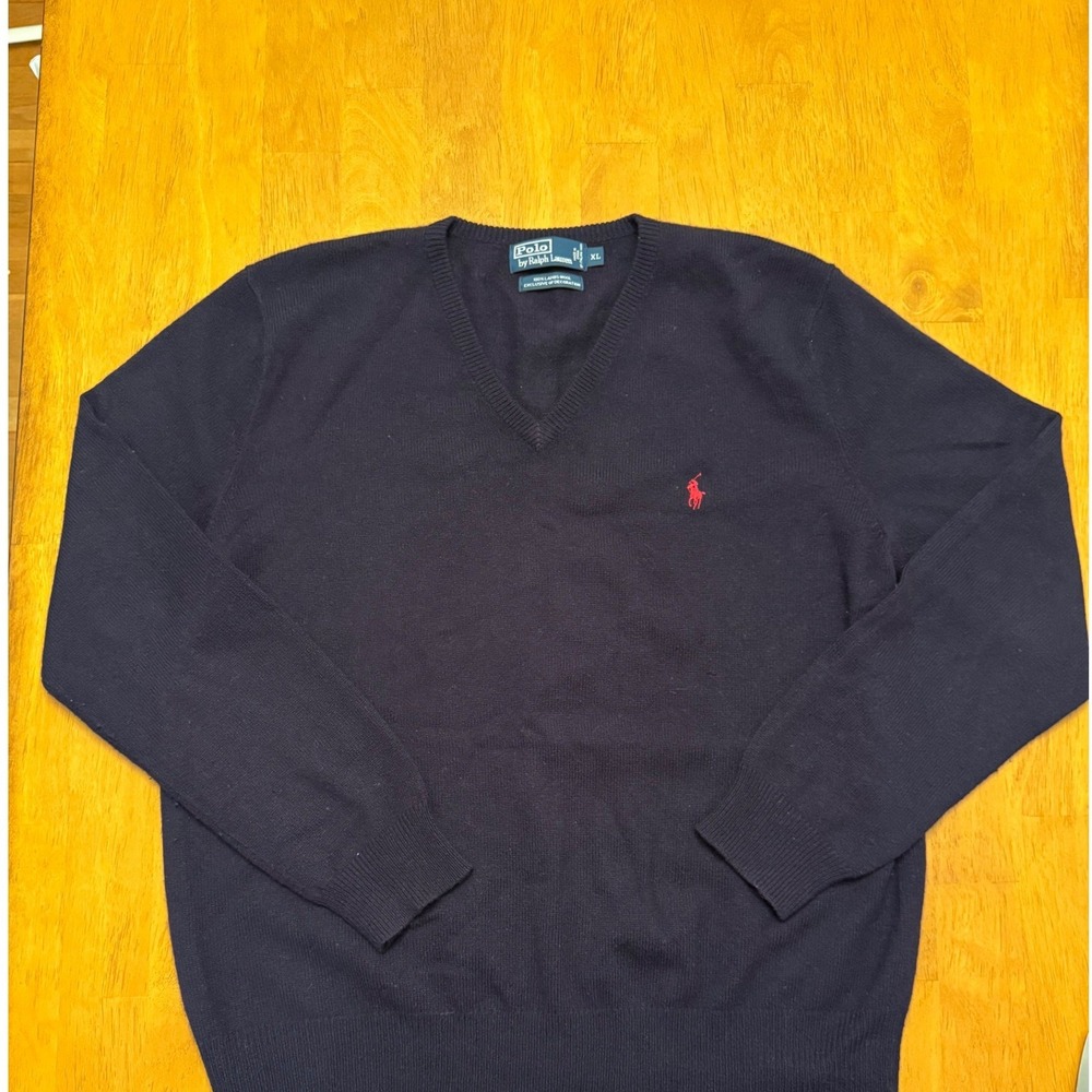 Polo Ralph Lauren Mens XL Black 100% Lambswool V-Neck Sweater Red Pony Logo
